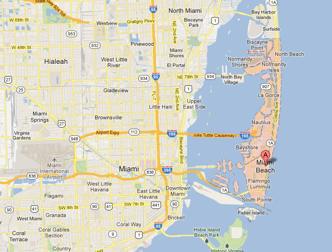 Miami em amarelo e Miami Beach em vermelho. Foto: Divulgação/Google Maps