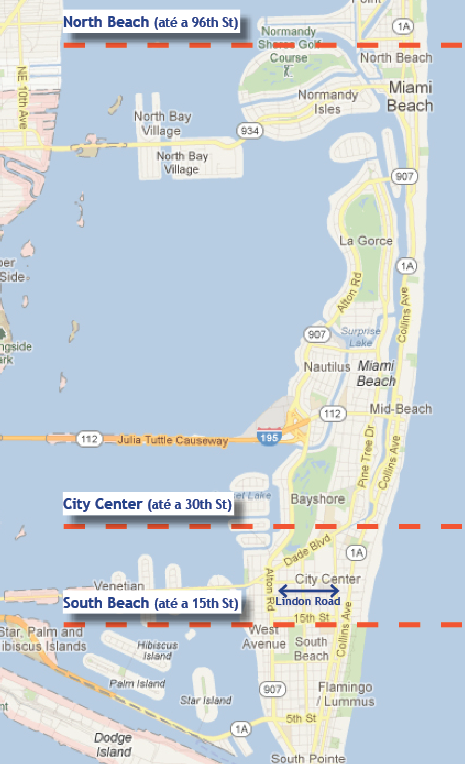 Mapa das regiões dos hotéis em Miami Beach. Foto: GoogleMaps/Blog Vambora!