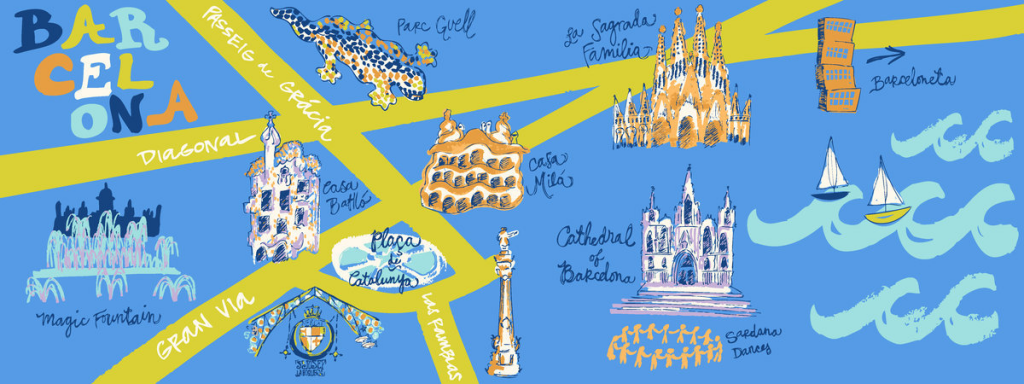 Mapa de viagem ilustrado de Barcelona