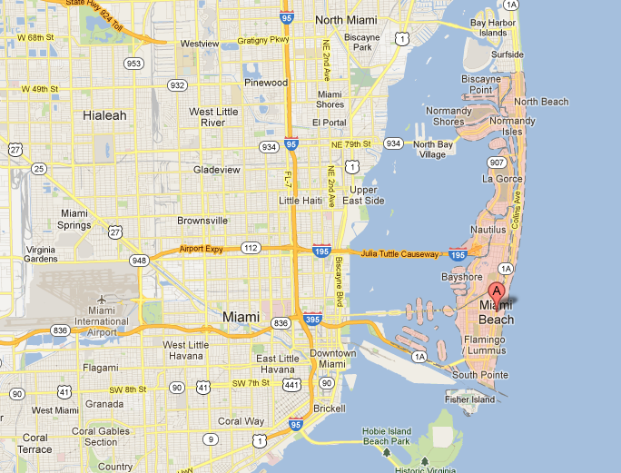 Miami Beach em vermelhor e Miami em bege. Fonte: Google Maps