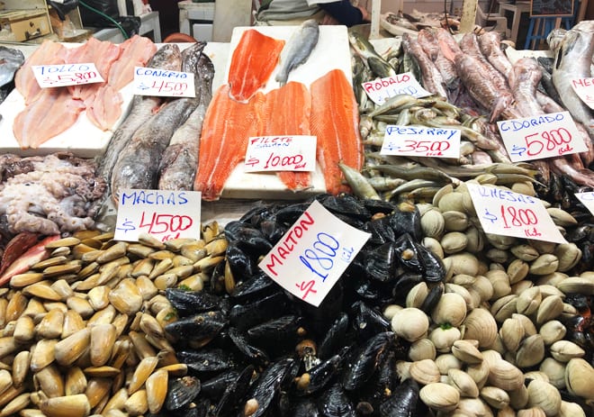Congrio, salmão, mariscos e frutos do mar no mercado em Santiago
