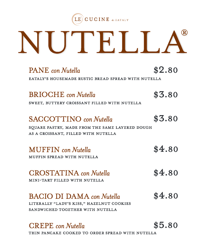 Menu Nutella Bar