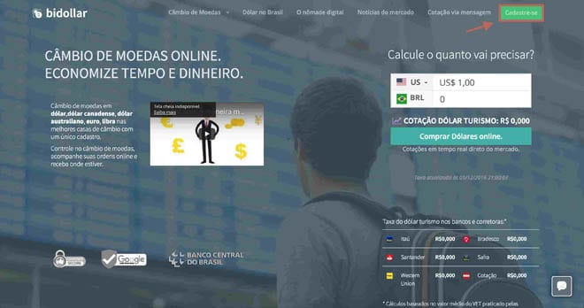 Cadastro no site da Bidollar. Foto: Reprodução/Bidollar