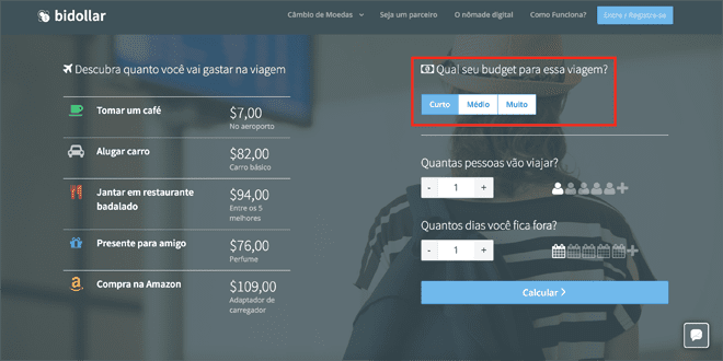 Calculadora de viagem dentro do site. Foto: Reprodução/Bidollar