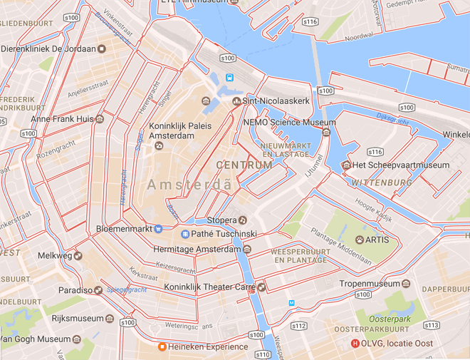Mapa dos canais de Amsterdam. Reprodução Google Maps