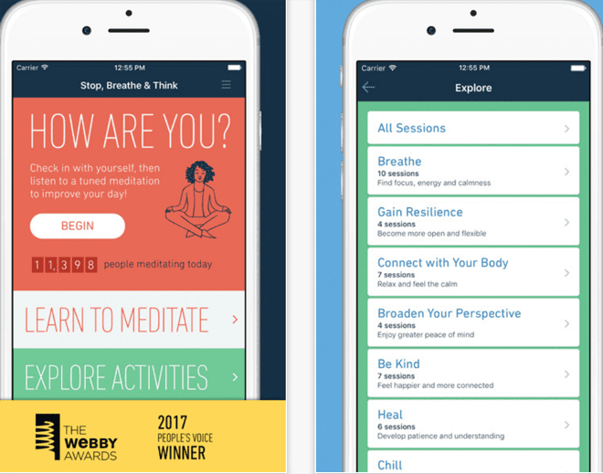 Aplicativo de medita Stop, Breathe & Think. Foto: Divulgação