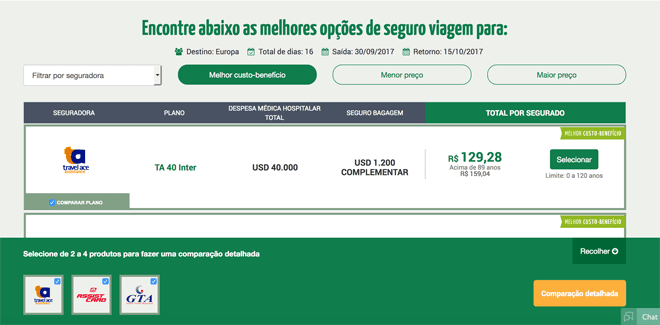 Comparação de planos no site Seguros Promo