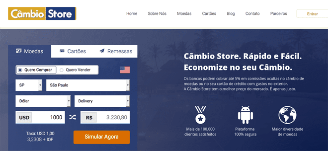 Site da Câmbio Store. Reprodução