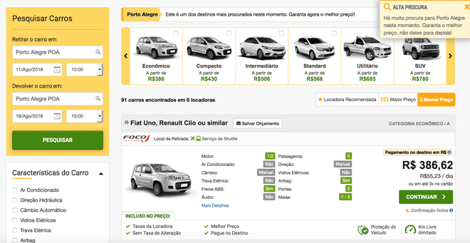 Aluguel de carro em Porto Alegre precos Rentcars