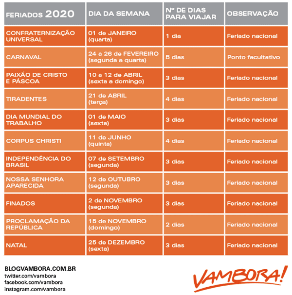 Feriados de 2020 - Calendario Viagens - Blog Vambora