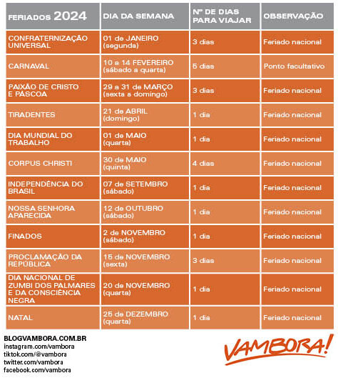 Calendário FERIADOS de 2024